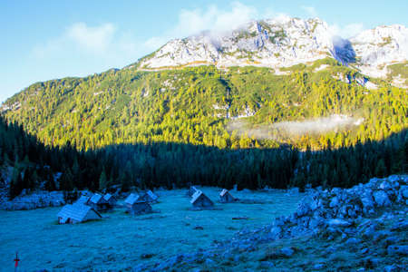 mountain valley waiting for sunの写真素材