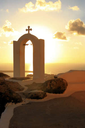 Doors blocking sunset above Oia, Santoriniの写真素材