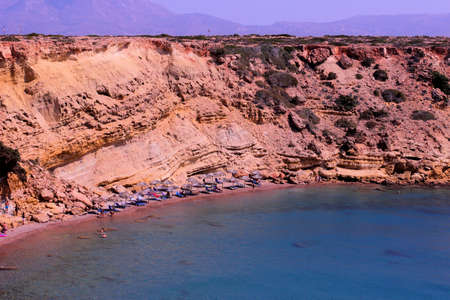 karpathos Agios Theodoros beach with people sunbathingの写真素材