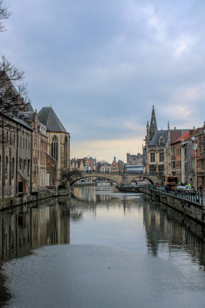 Ghent river with castle in backgroundのeditorial素材