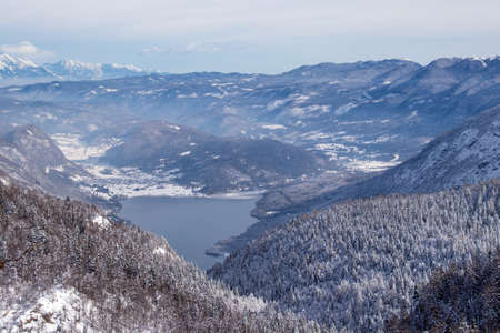 Bohinj lake winter snow covered trees