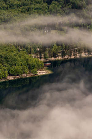 Bohinj lake coastline covered in fogの写真素材