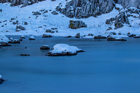 Frozen glaciers lake in the morning