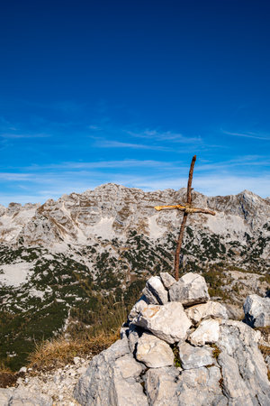 Cross up in the Alps mountainsの写真素材