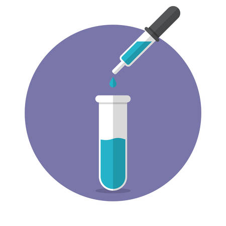 Laboratory pipette with drop of liquid over glass test tubes for a scientific experiment, flat design, vector illustrationのイラスト素材