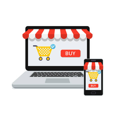 Online shopping concept with open laptop and smartphoneのイラスト素材
