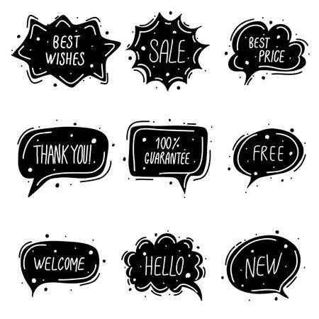 Stylish set of black speech bubbles with text inside, hand drawnのイラスト素材