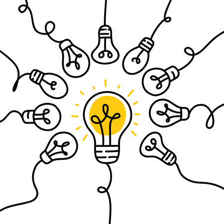 Collective intelligence or idea concept, hand drawn illustration with light bulbs and linesのイラスト素材