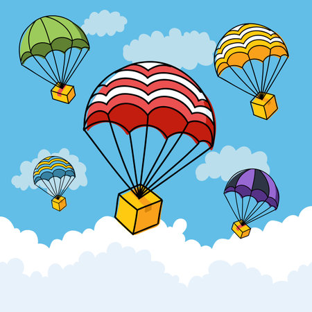 Cardboard boxes with parachutes in the clouds. The concept of global logistics or fast air delivery of a parcel or gift.のイラスト素材