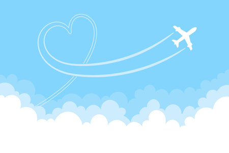 The plane draws a loop in the shape of a heart, leaving a smoky trail in the blue sky among the clouds.のイラスト素材