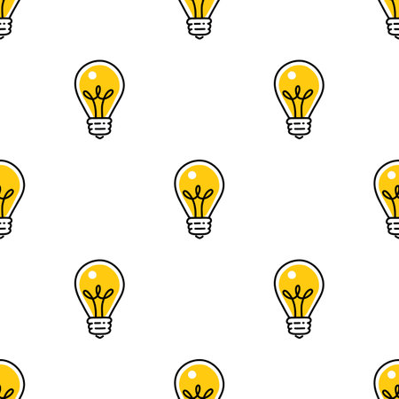 Seamless pattern with hand drawn small light bulbs in yellow.のイラスト素材
