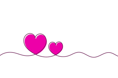 Line art with two cute pink hearts of different sizes on a white background.のイラスト素材