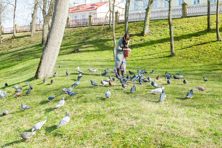 Girl in gray coat feeds flock of pigeon sunlit lawn in parkの写真素材
