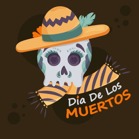Day of the dead, skull decorated in a Mexican hat and scarf, vector imageのイラスト素材
