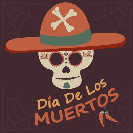 Skull in a sombrero decorated with flowers and patterns for the traditional Mexican holiday Day of the Dead, vector image on a dark background with cobwebs and chiliのイラスト素材