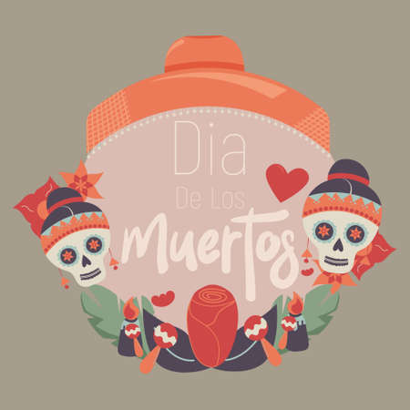 Day of the Dead frame with elements and stickers of skull, flowers, sombrero, maracas. Vector image for social networks, posters, invitations.のイラスト素材