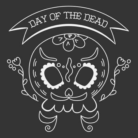 Skull decorated with flowers and leaves for the day of the dead. Vector image in sketch style for the Mexican holiday for social networks, posters, banners, invitationsのイラスト素材