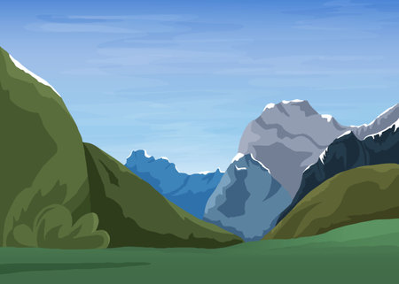 beautiful mountain landscape. Mountains in green and snowのイラスト素材