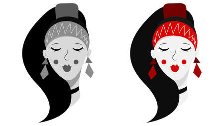 A beautiful gypsy girl with black hair, wearing earrings. Vector image of a woman in black and white and multicolored.のイラスト素材