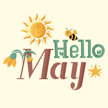 Hello, may. Vector text, phrase with the image of the sun, bee and flowersのイラスト素材