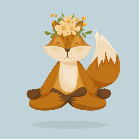 The fox is meditating. Concept illustration for yoga, meditation, relaxation, relaxation, healthy lifestyle, zen and harmony. Colored flat vector illustration on background.のイラスト素材