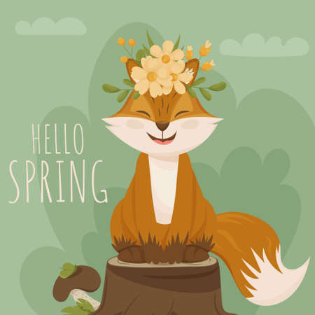 Hello spring! A funny fox sits on a tree stump with wreaths of flowers on its head. Vector imageのイラスト素材