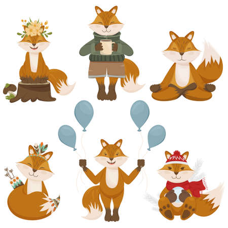 Set of funny cartoon foxes. The fox is meditating, holding balloons, drinking coffee, holding a snowball, boho style, sitting on a tree stump. Vector image of animals in various posesのイラスト素材