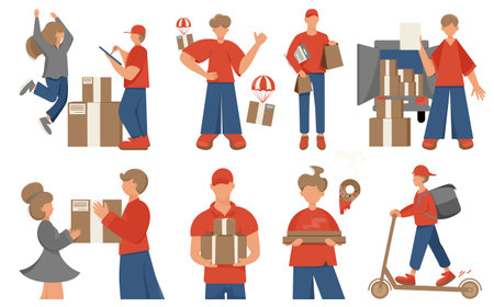 Delivery, delivery man, set of vector images. Ordering food, pizza, goods, goods online. A courier delivers a parcel, boxes.のイラスト素材