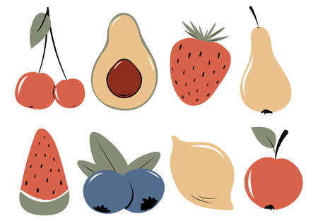 Set of fruits and berries in flat style. Vector collection of summer vitamins. Apple, lemon, avocado, cherry and strawberry, watermelon, blueberry and pear on transparent backgroundのイラスト素材