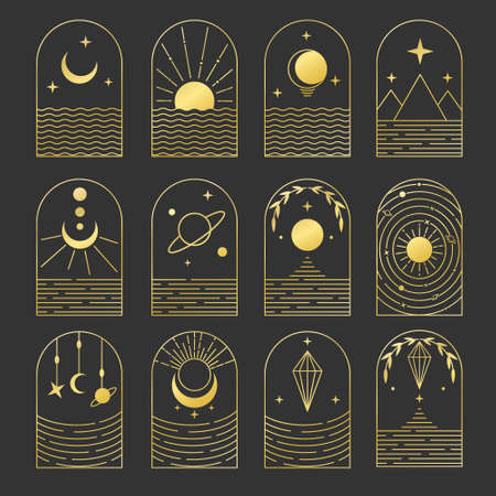 Set of golden magic logos in boho style. Line minimal bohemian icons with sun, moon, stars, lithotherapy minerals, sea, outer space, saturn and planets, esoteric symbols, simple tattooのイラスト素材