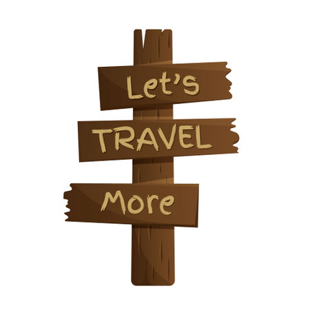 wooden direction sign with text let's travel more. Vector elements and stickers with a motivating inscription or quote on a transparent background.のイラスト素材