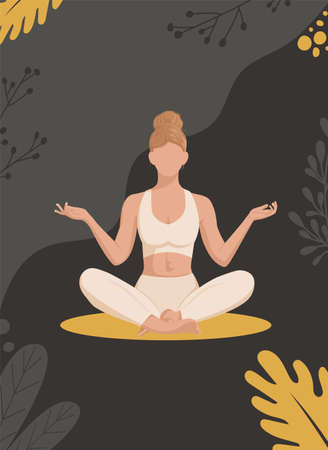 A girl with fair skin, a faceless character sits in a lotus position and meditates, does yoga. Dark poster or banner with flowers and leaves for fitness center, advertising, vector illustrationのイラスト素材