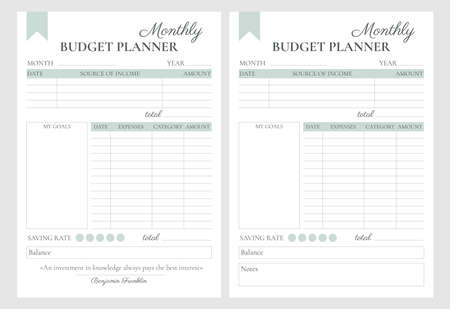 Financial planner page vector templates. Budget for the month. Minimalistic strict design with a quote or notesのイラスト素材