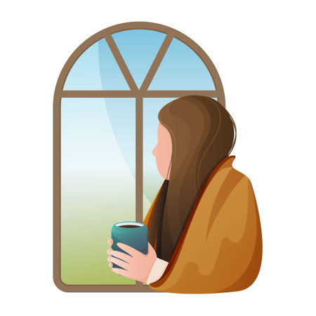 The girl is sitting by the window with a cup in her hands. Vector image of a woman, mental health and peace of mind. faceless characterのイラスト素材