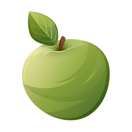Green apple with leaf. Vector image of useful fruits, vitamins, proper dietary or vegetarian food.のイラスト素材