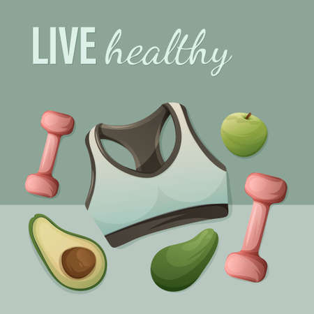 Motivational card with fitness bra, apple, avocado, dumbbells concept of sport lifestyle vector illustration with text live healthy. Home and gym workout, control weight, keep fitのイラスト素材