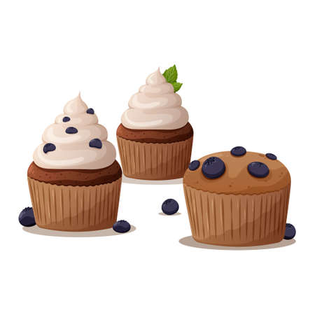 Cupcakes, blueberry muffins, mint leaf decor, whipped cream. Homemade pastry, pastry shop, bakery,...
