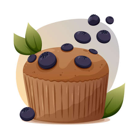 Cake with blueberries and leaves decor, vector illustration for poster, banner, sticker, bakery shopのイラスト素材