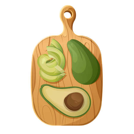 Wooden cutting board with avocado, pieces, whole and with pit, vector illustration on isolated transparent background healthy food concept for menu, restaurant, home cooking, poster, banner, sticker.のイラスト素材