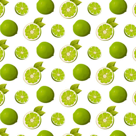 Seamless pattern lime citrus fruit vector illustration. Slices and whole with leaves. Vitamin summer...