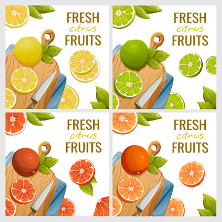 Set of fruit on the cutting wooden board with knife and kitchen towel. Orange, grapefruit, lime, lemon. Square vector illustration with text fresh citrus fruits, for poster, social media, healthy foodのイラスト素材