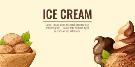 Ice cream in waffle cups and scoops, background with space for text. Vector illustration of summer sweets for banner, poster, website design, social mediaのイラスト素材