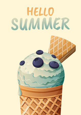 Card hello summer with ice cream in a waffle cup and fresh berries, blueberries. Vector illustration with text for banner, poster, congratulations, restaurant, cafeのイラスト素材