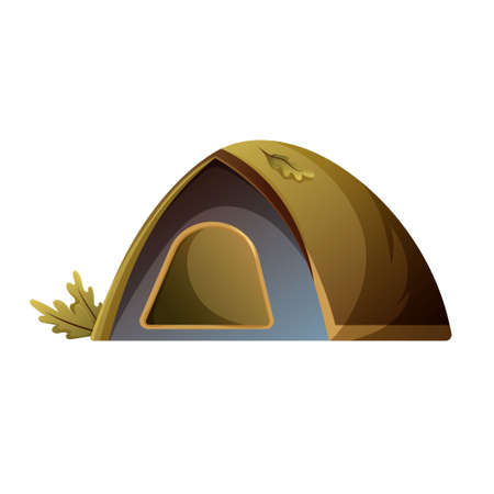 Tourist tent, vector illustration on isolated transparent background. Camping in the forest, oak leaves. For banner, poster, sticker, website, social mediaのイラスト素材