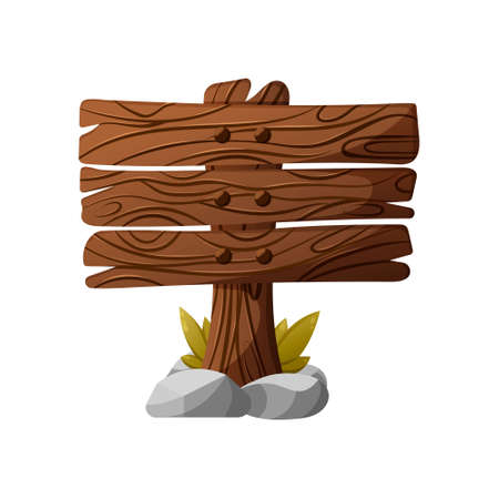 Wooden plank, signboard vector illustration with stones and leaves in cartoon style. Rustic board with place. For ui game assets, rural, forest, camping conceptのイラスト素材