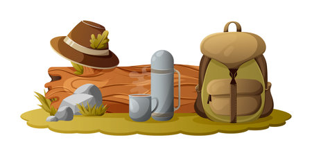 Picnic or camping, vector illustration with a log, a backpack, a bottle with a mug of hot drink, a hat on the lawn. Cartoon style for banner, sticker, games. The concept of outdoor recreation, hikingのイラスト素材