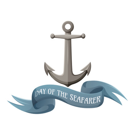 Anchor, ribbon with text day of the seafarer. Vector illustration on isolated background in cartoon nautical style. marine equipment. For congratulations, holiday, invitation.のイラスト素材