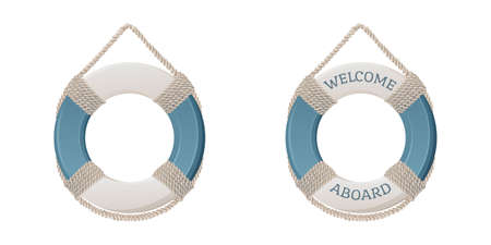 Lifebuoy with ropes, vector illustration, isolated background, cartoon style. welcome aboard. Marine, nautical theme, equipment for safety on the water, in the sea, ocean.のイラスト素材