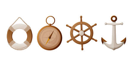 Lifebuoy, rudder, ship steering wheel, compass, anchor, sea elements set, vector illustration in nautical marine style. For banner, sticker, social media. Concept of journey, waterのイラスト素材