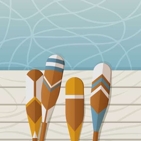 Oars on a wooden pier. Vector illustration in nautical summer style. outdoor sport and recreation....